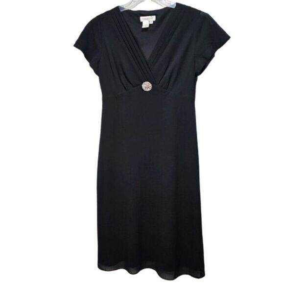 NWT Coldwater Creek LBD Chiffon Black Dress Rhinestone Diamond Brooch 6 Petite - Picture 2 of 14